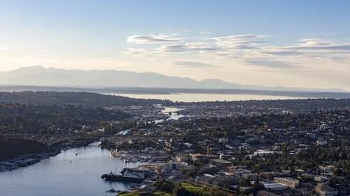 Aerial view of Lake Union, Fremont and Ballard neighborhoods in Seattle