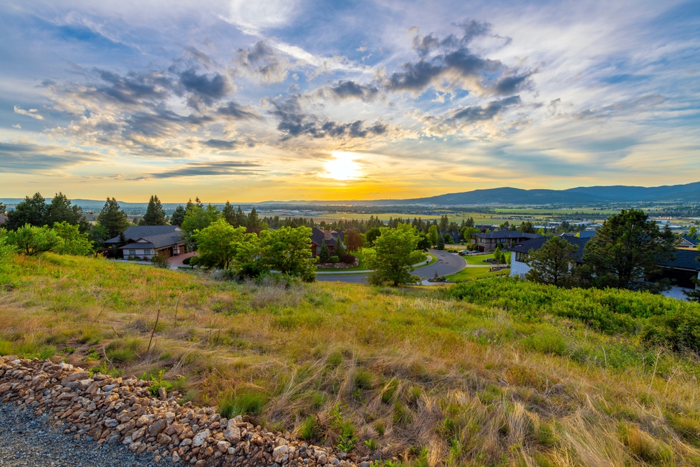 Spokane area neighborhood at sunset, Northeast Washington